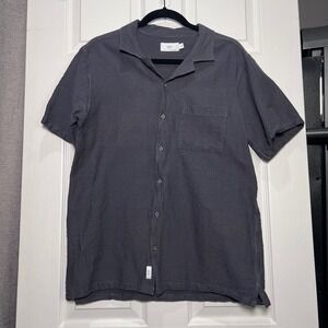 Onia Mens Gray Seersucker Short Sleeve Button Up Casual Shirt Large Camp Summer